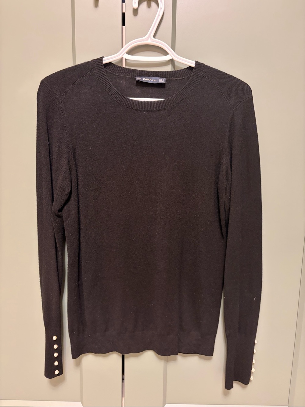 Zara Black Crewneck Sweater with Pearl Cuff Detail